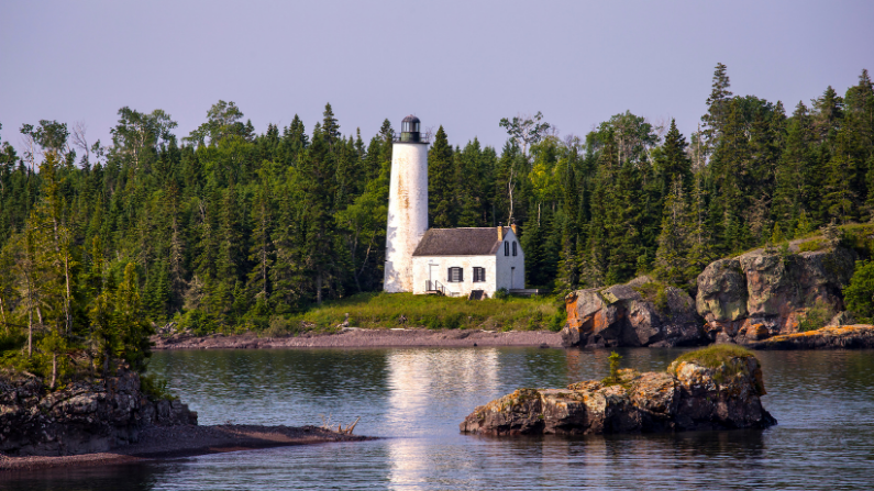 White lighthouse surrounded by trees