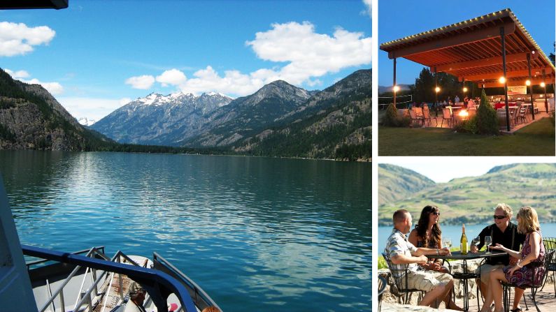 Collage of boating, lodging, and dining at Lake Chelan Valley