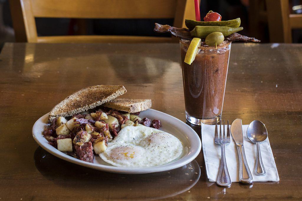 hash, eggs, toast, and bloody mary