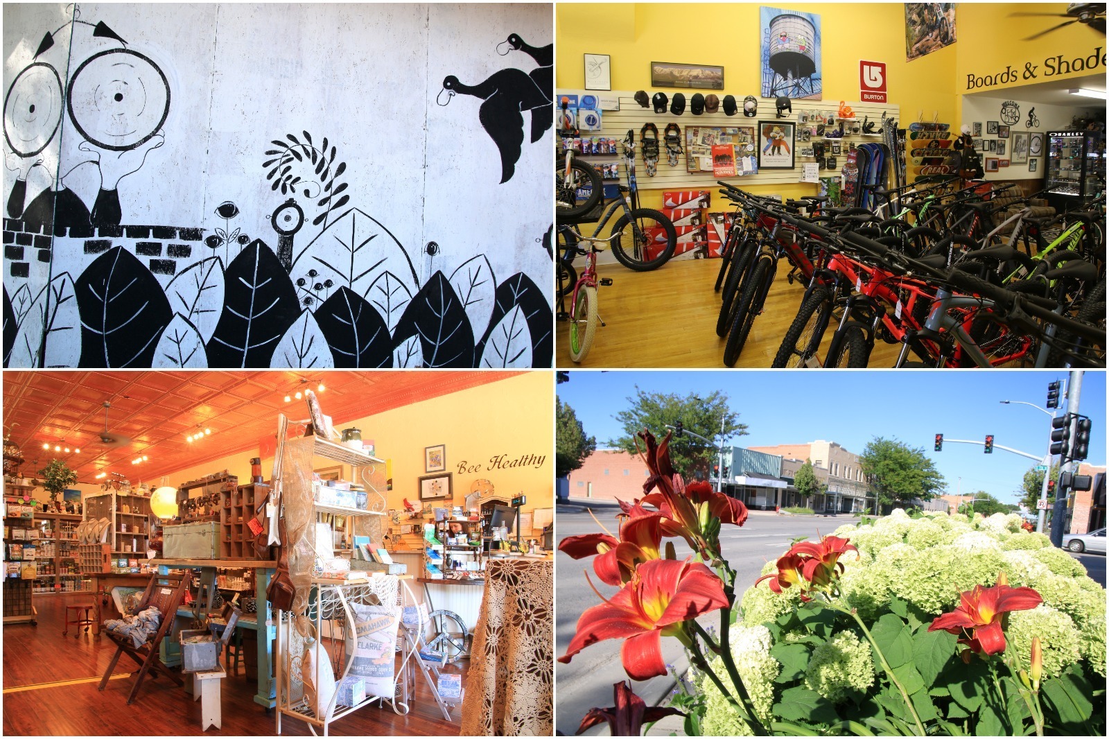 Downtown Worland, Wyoming, including a mural, bike shop, health food store, and flowers.