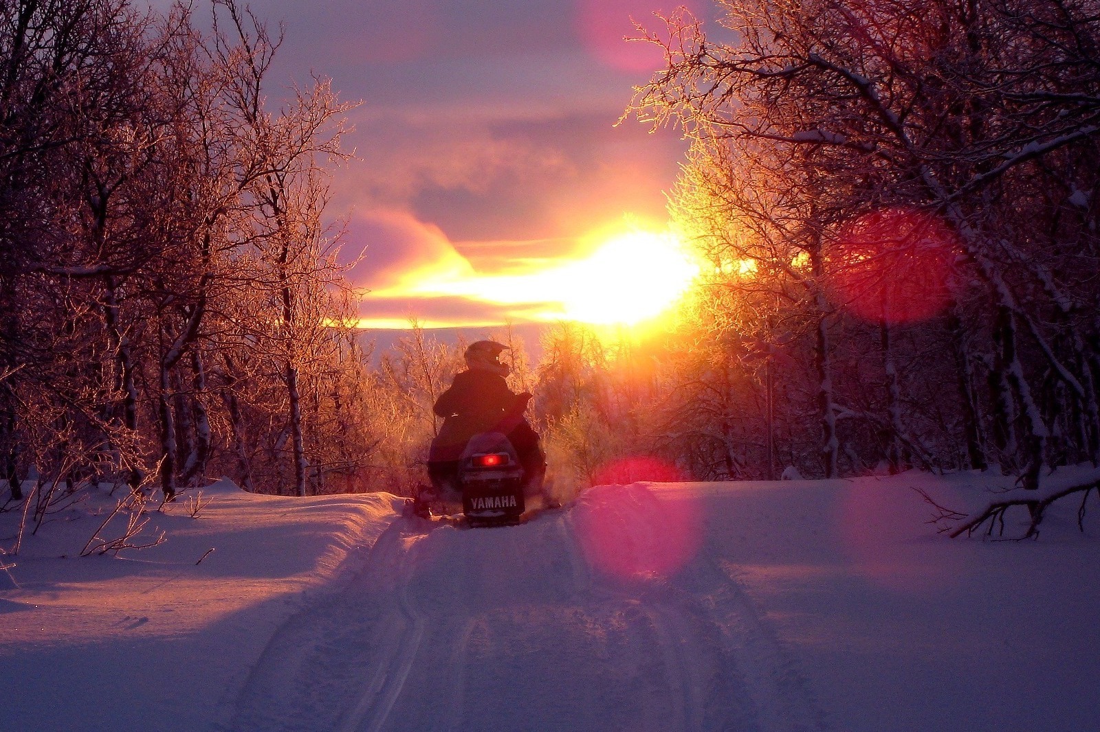 snowmobile in winter in yellowstone at sunset