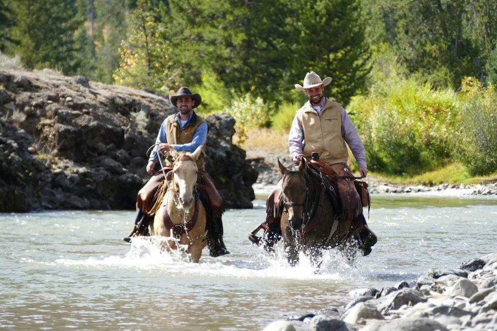 horseback riding, cowboys, river