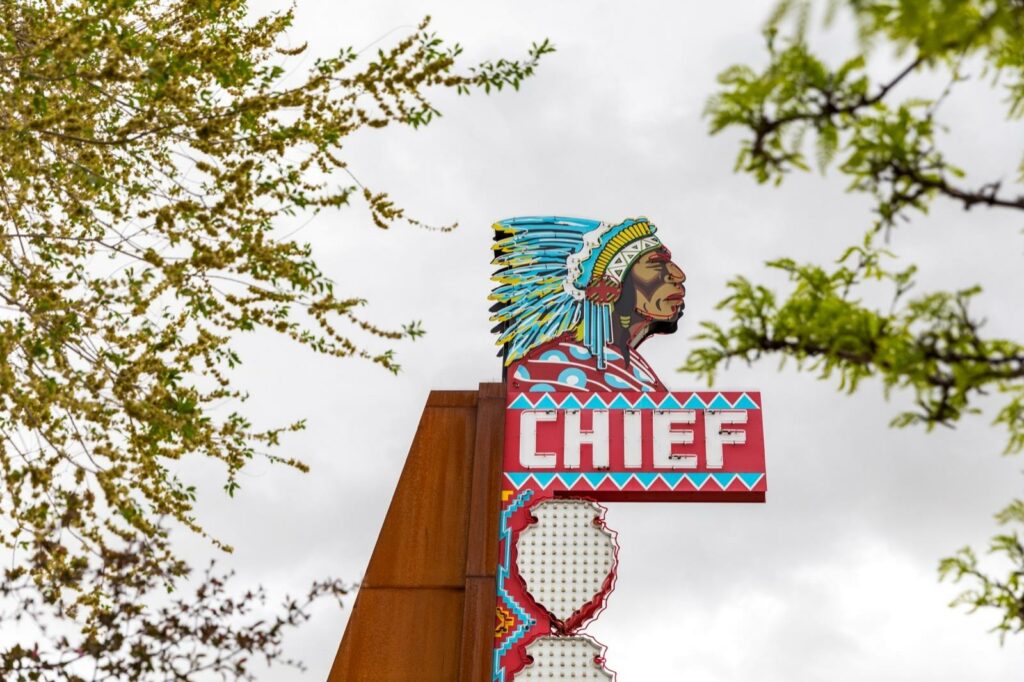 Chief Theater neon sign, revitalized as part of the Relight the Night project in Pocatello, Idaho