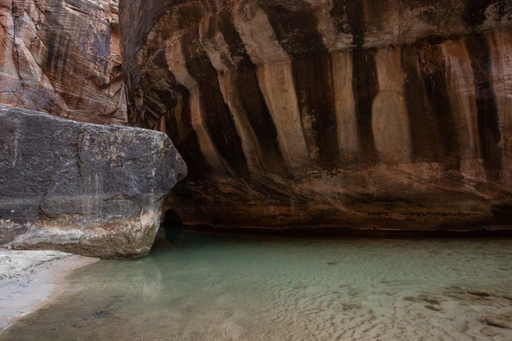 Blue water in the Narrows of the Virgin River in Zion National Park