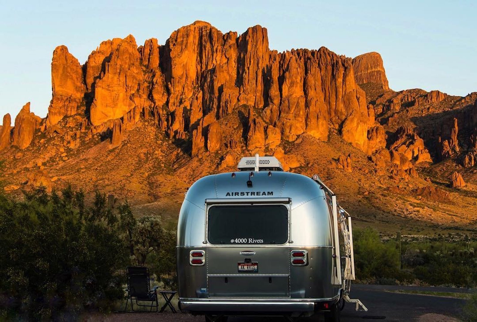 Sunset and Airstream in Lost Dutchman State Park at sunset