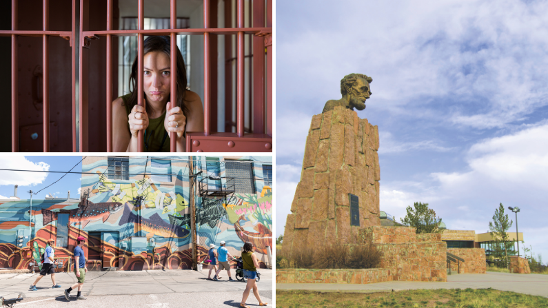Collage of museums, art, and monuments in Laramie, Wyoming