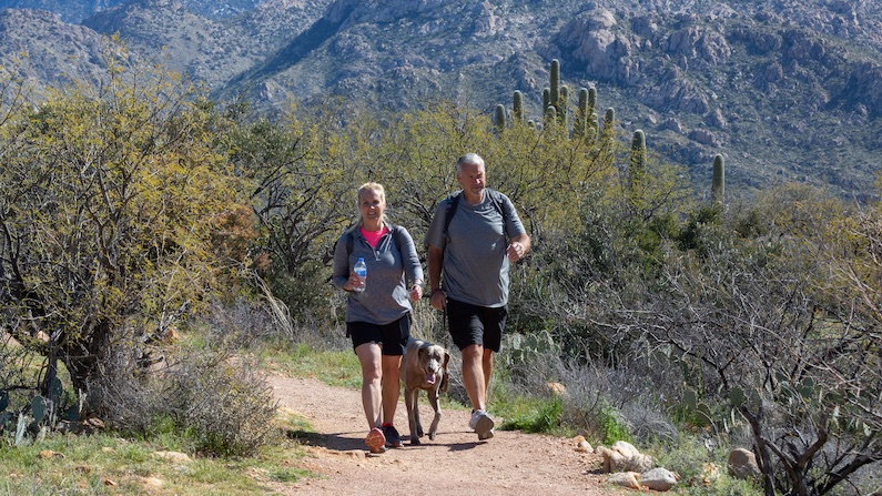 Couple hiking in Catalina State Park with dog
