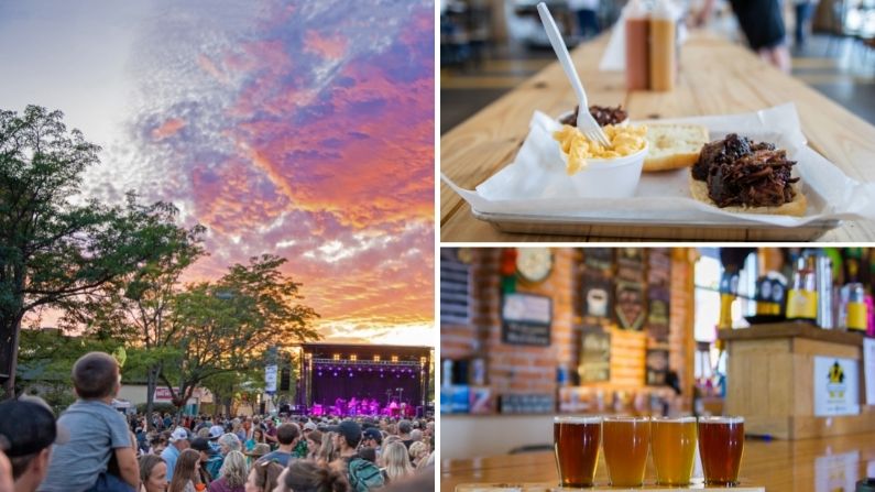 Collage of images from dining, microbrewery and concert in Missoula