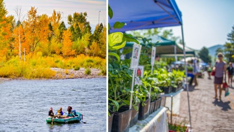 Collage of rafting and farmers markets in Missoula in autumn