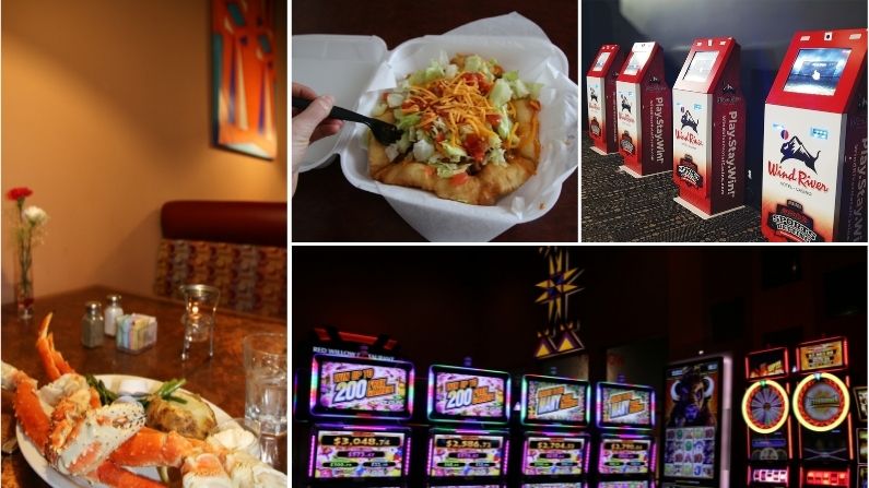 collage of images from wind river hotel casino restaurant and betting