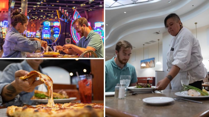 collage of photos showing dining options at wind river hotel and casino