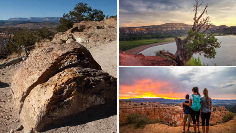 Collage of images from Escalante Petrified Forest State Park and a sunrise in Bryce Canyon