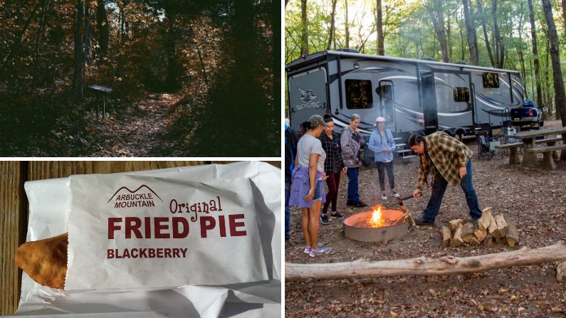 Collage of images of camping, festival food, and trails in Oklahoma.