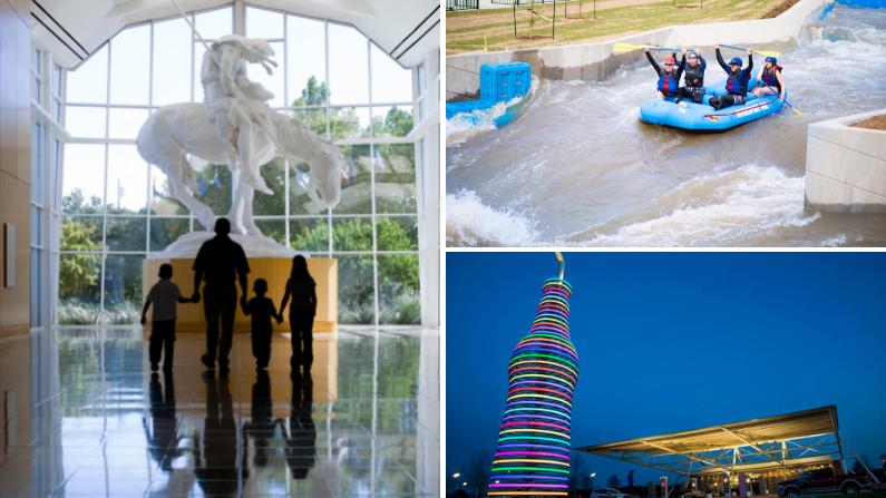 Collage of attractions in Oklahoma including whitewater rafting, a museum, and a rodeo.