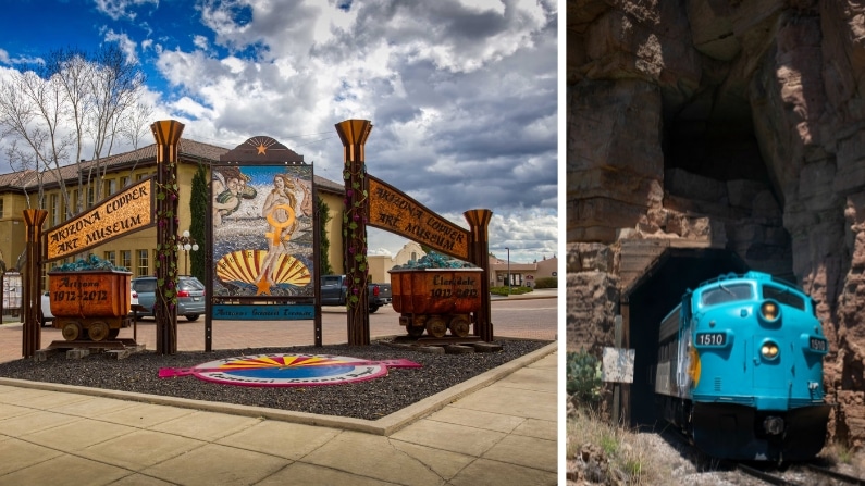 The facade of the Arizona Copper Art Museum on the left and a blue locomotive exiting a rocky tunnel on the right