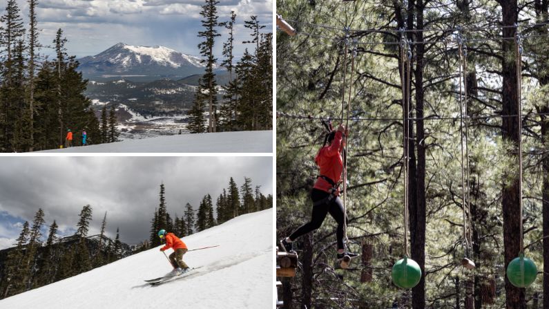 Collage of images of skiing and doing ropes course in Flagstaff, Arizona