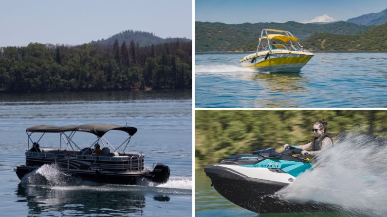 Images of a patio boat, power boat, and jet ski on Shasta Lake in Redding California