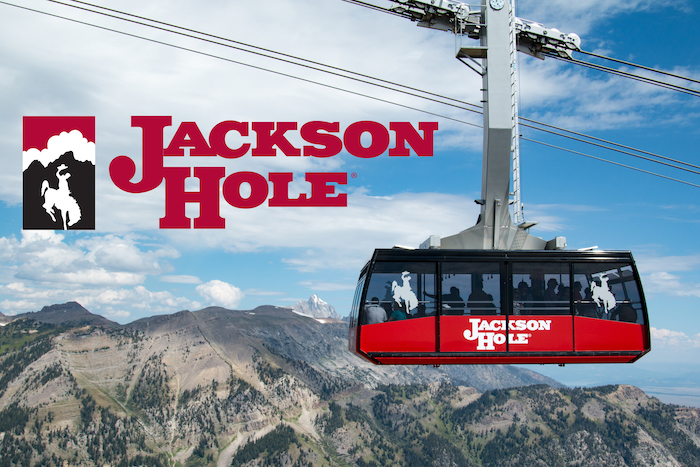 Gondola over Jackson Hole with Jackson Hole Mountain Resort logo