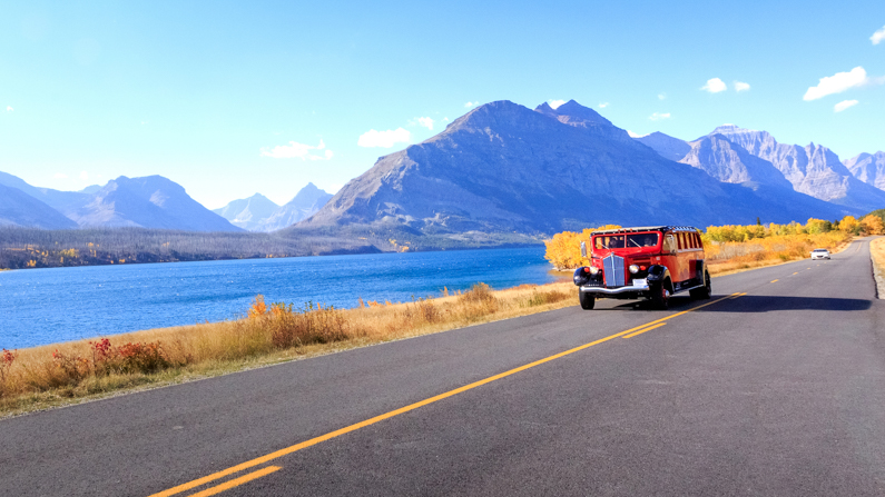 Red bus tour in Glacier National Park