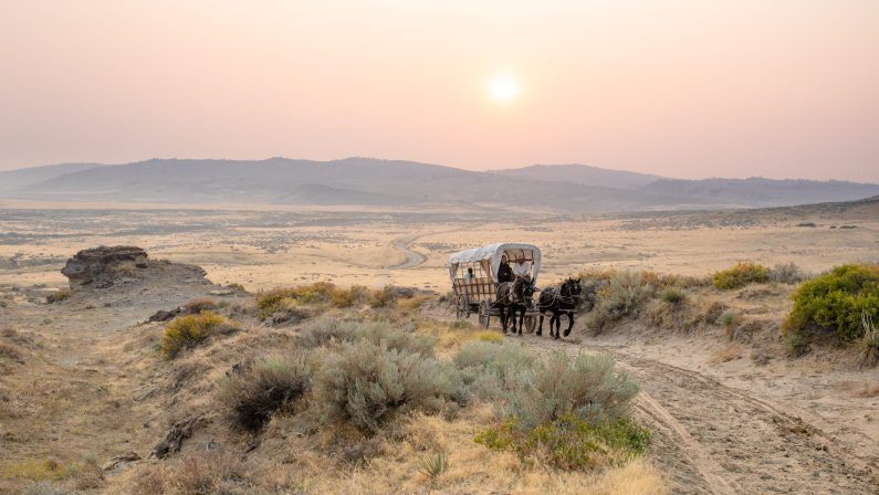 Horses pull a covered wagon across the plains outside Casper, Wyoming
