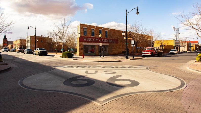Route 66 badge in downtown Winslow, Arizona